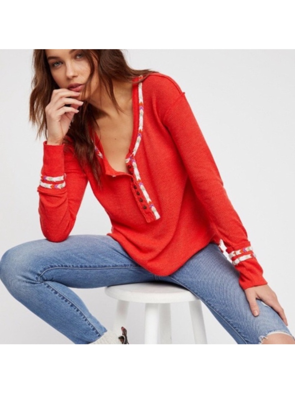Free People We the Free Rainbow Henley Embroidered Top